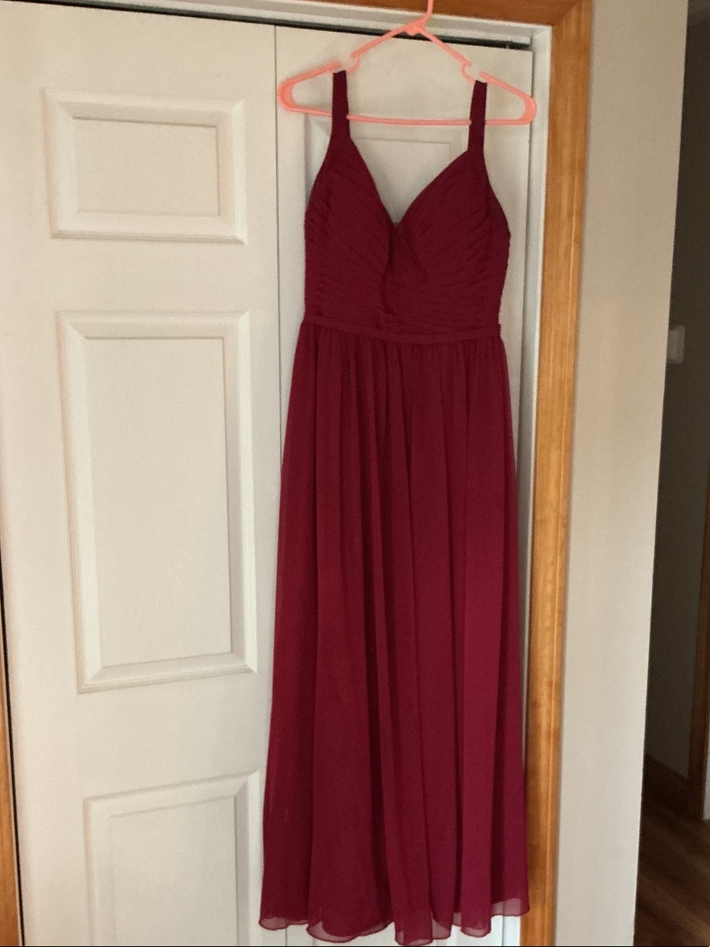 Azazie Burgundy Chiffon Maxi Dress with V-Neck and Wide Straps